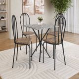 Conjunto Sala De Jantar Mesa Quadrada 70cm Tampo Granito Com 4 Cadeiras Leia Preto / Rattan / Ocre