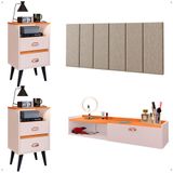 Kit Quarto 2 Mesinhas Mesa Lateral Cama Penteadeira Suspensa Camarim Off White/cinamomo Cabeceira King Size 1,95 Estofada Bege Linho - Lojas Rpm