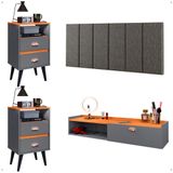 Kit Quarto 2 Mesinhas Mesa Lateral Cama Penteadeira Suspensa Camarim Cinza/cinamomo Cabeceira King Size 1,95 Estofada Linho - Lojas Rpm