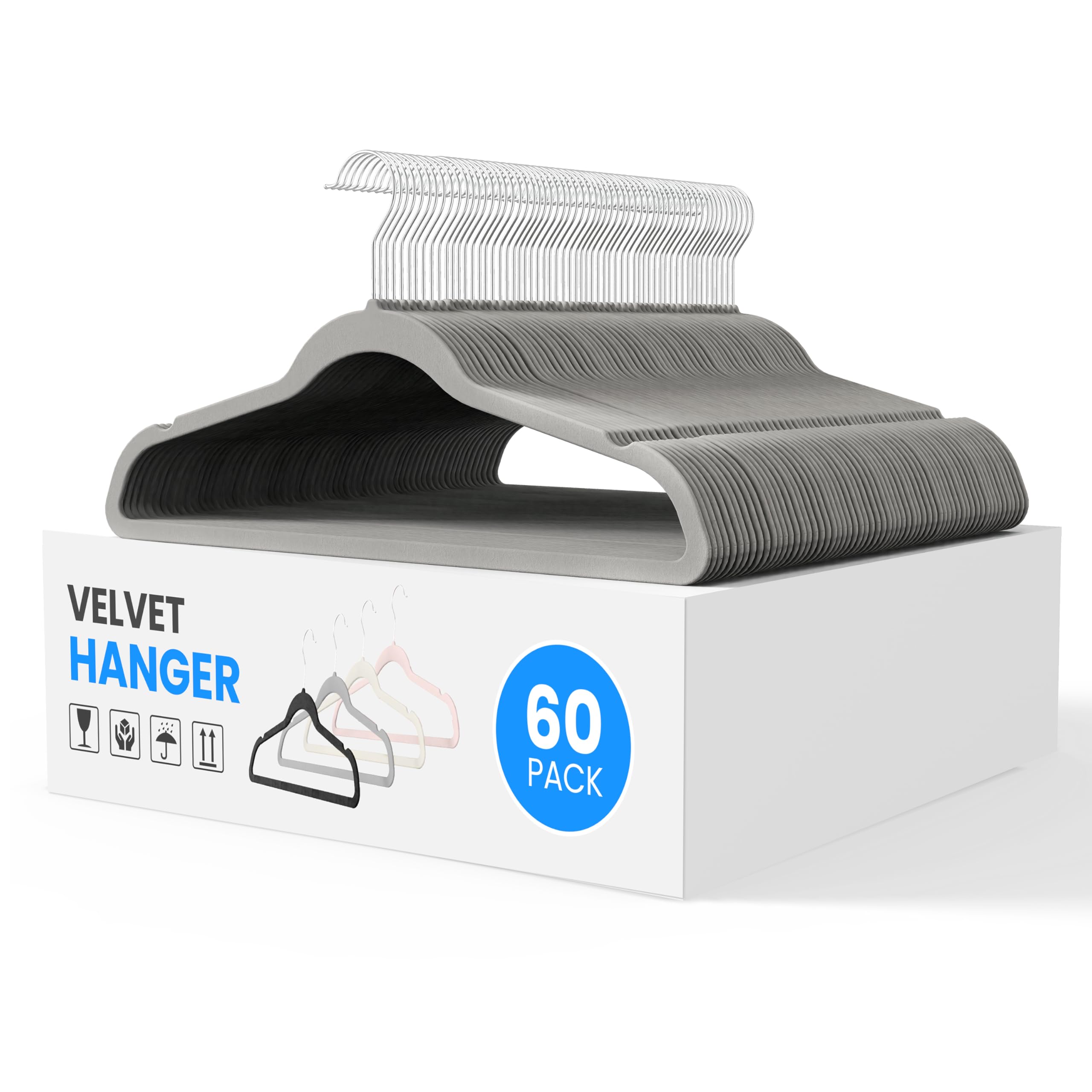 Velvet Hangers Simple Deluxe, Pacote Com 60 Unidades, Feltro Antiderrapante, Cinza