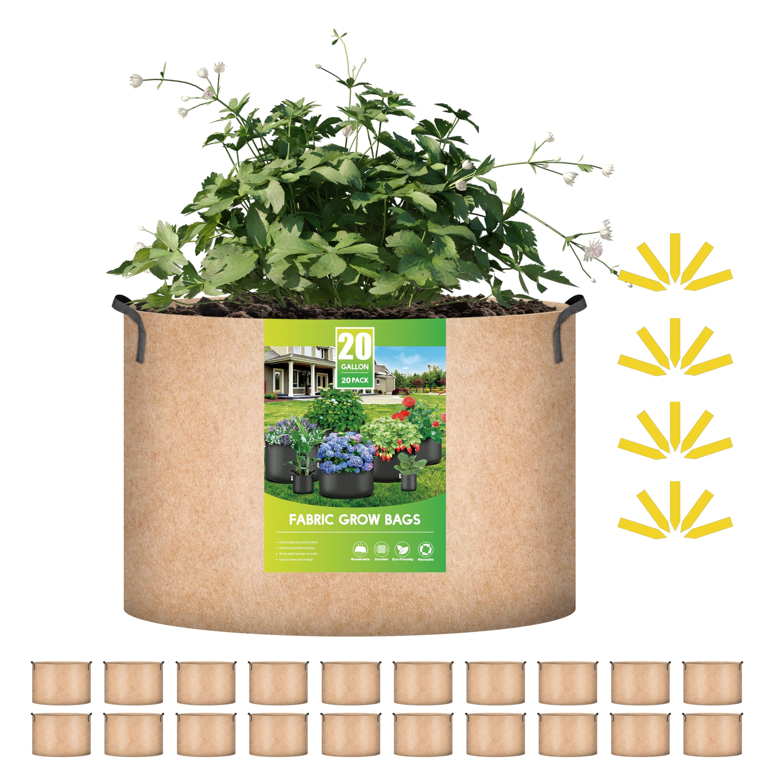 Grow Bags Ipower, Pacote Com 20 Vasos De Tecido Vegetal Resistentes De 75 Litros De Espessura