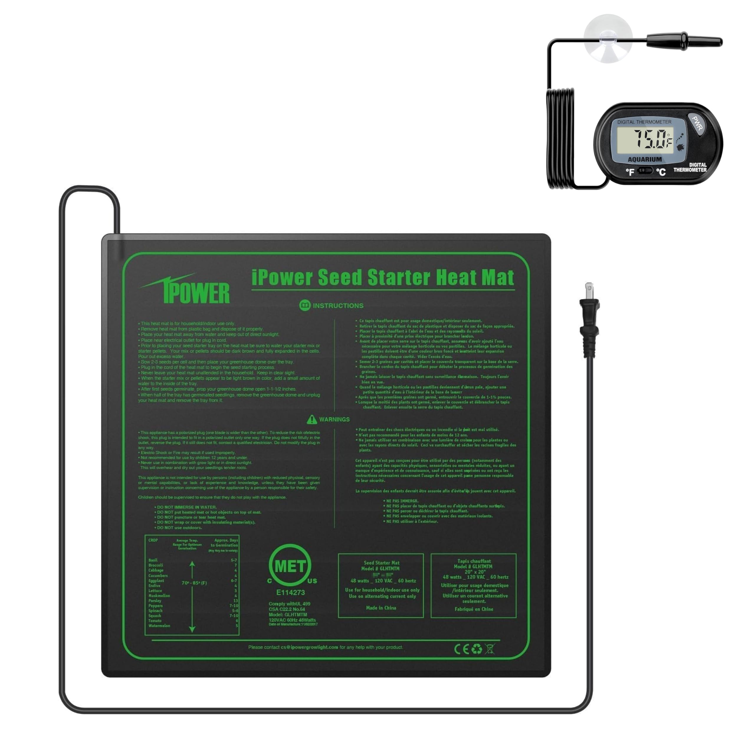 Seedling Heat Mat Ipower 20 X 20 Com Combinação De Termômetro Lcd