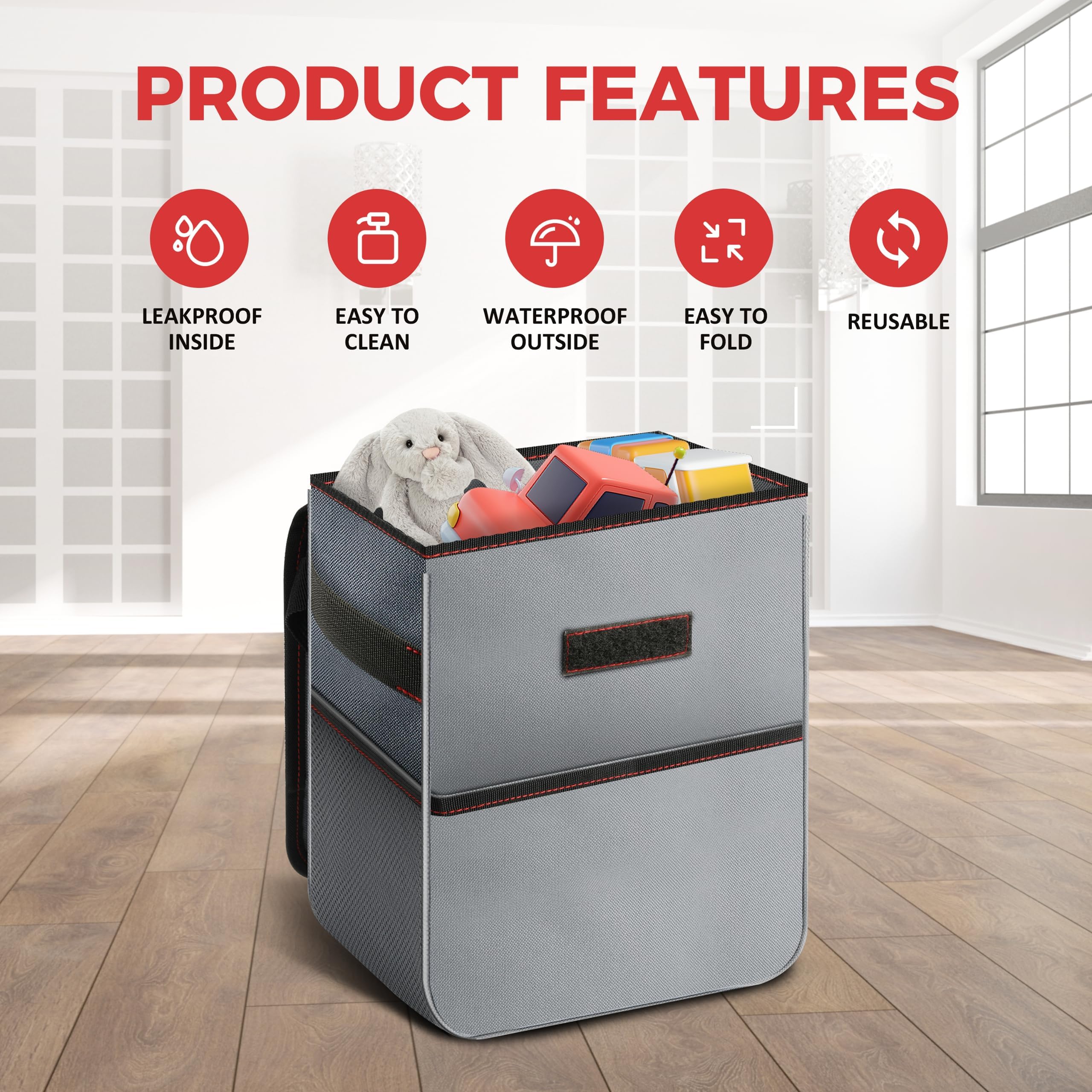 Lixeira Para Carro Healsmart 7,6 L Com Tampa E Bolsos De Armazenamento Cinza