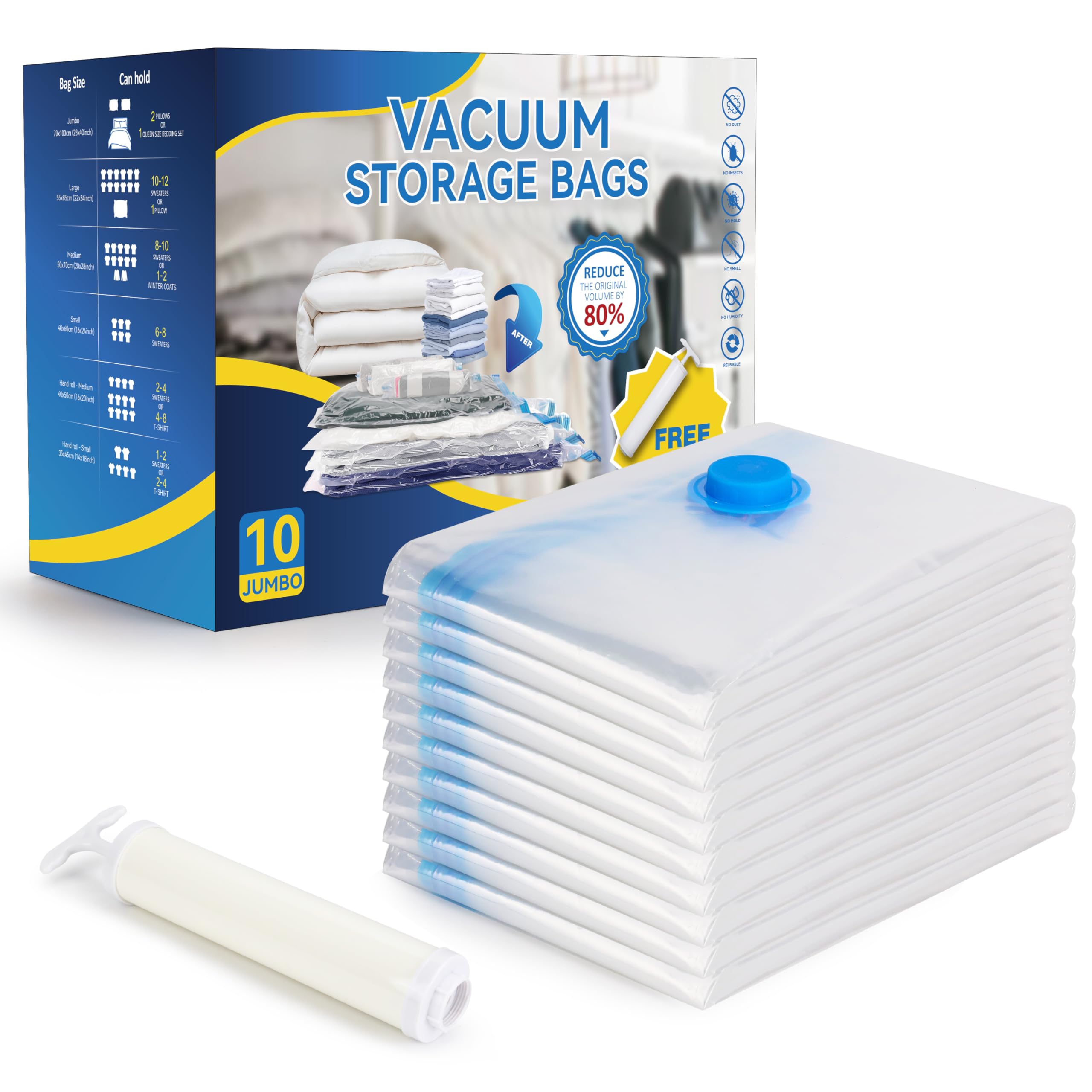 Sacos De Armazenamento A Vácuo Simple Deluxe 10 Jumbo Com Bomba Manual