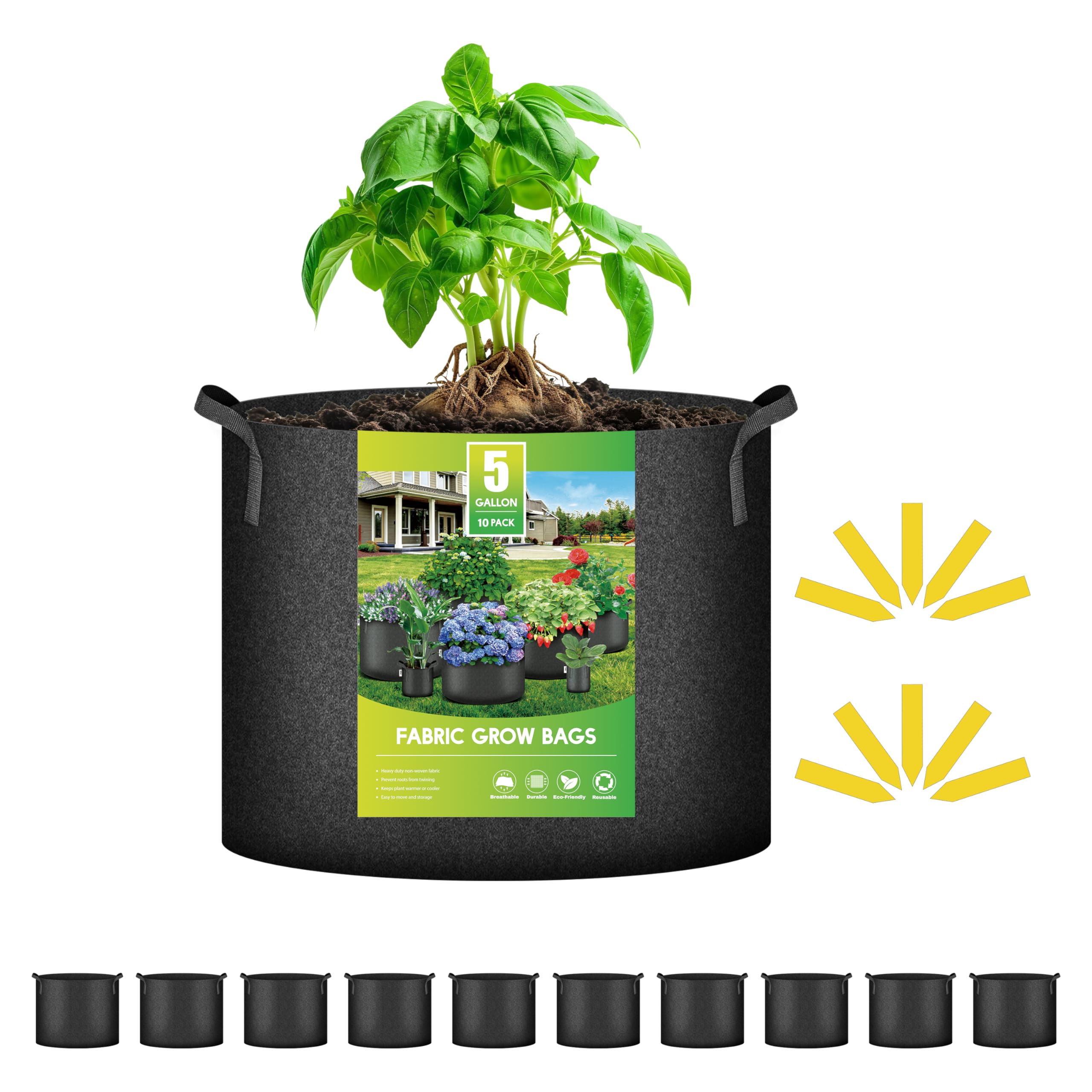 Grow Bags Ipower, Pacote De 10 Galões (19 Litros) Com Etiquetas E Alças