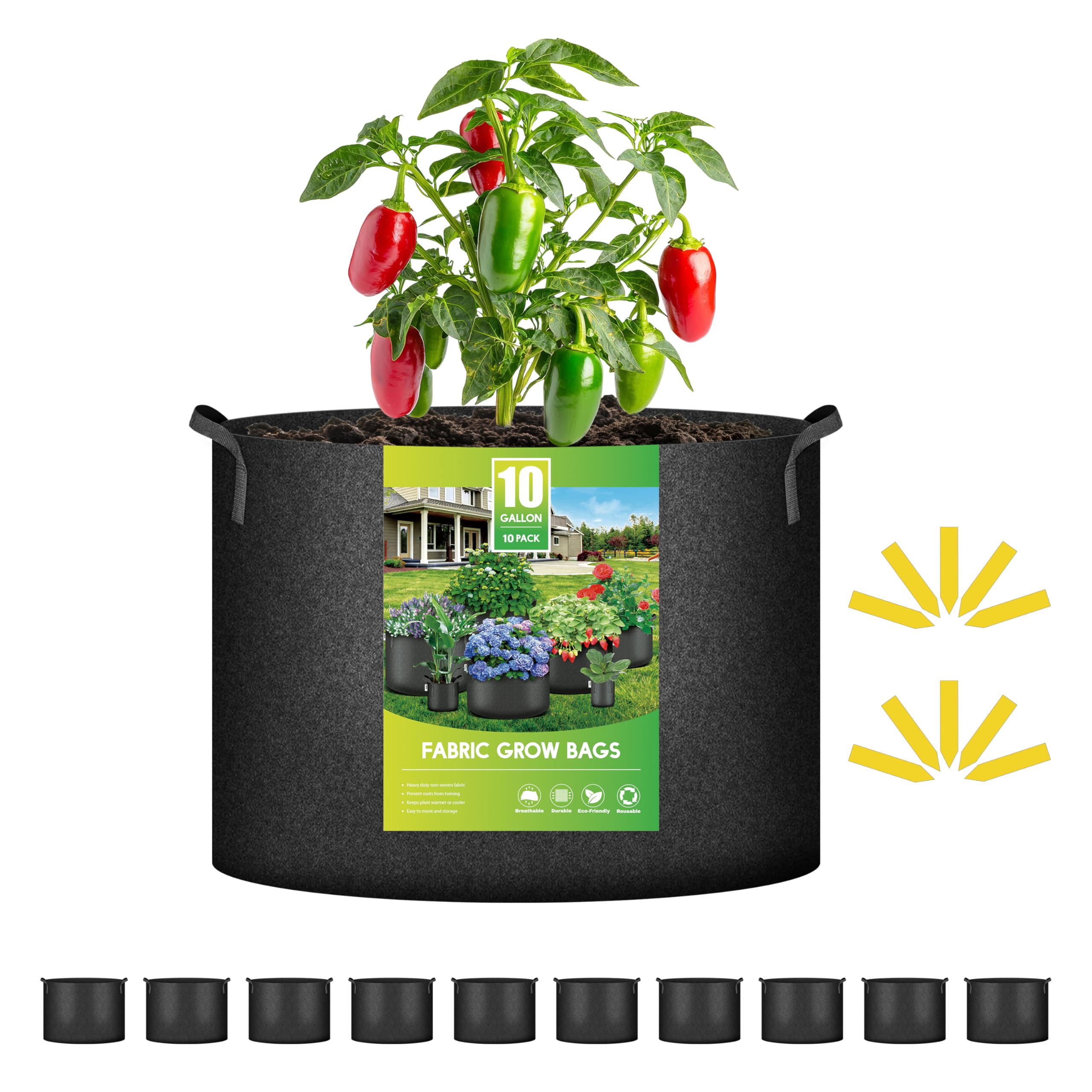 Grow Bags Ipower, Pacote Com 10, 37,8 L, Tecido Vegetal Resistente E Espessado