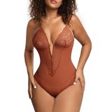 Macacão Shapewear Popilush Tummy Control, Renda Marrom, Tamanho Gg