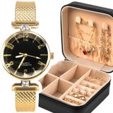 Relogio Feminino Banhado + Pulseira + Colar + Porta Joia Original Prova Dagua Presente Fundo Preto