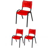 Cadeira Iso Base Preto Igreja, Escola, Escritório - Vermelho - Kit 3 Peças