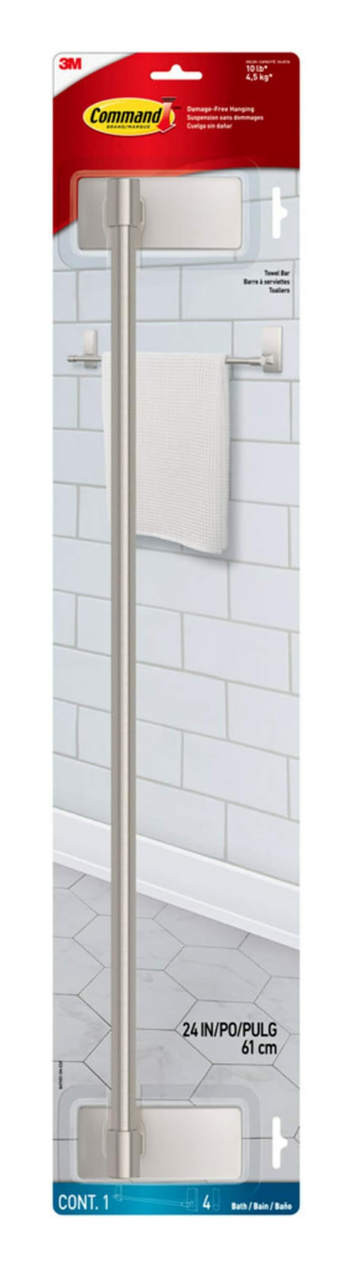 Towel Bar Command Bath, Níquel Acetinado, 60 Cm, Resistente À Água