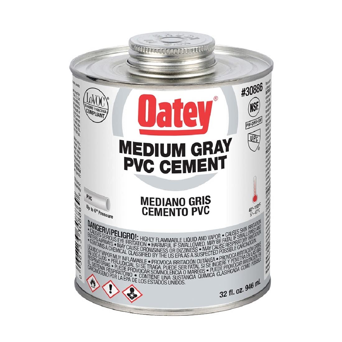 Cimento De Pvc Oatey 30886 Medium Grey 946ml Para Tubo De Pvc De 6 Polegadas
