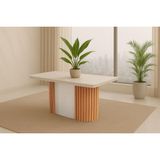 Mesa De Sala Jantar Pilar C/ Tampo Madeirado C/ Vidro Canto Curvo 180x90cm Flex Naturale/naturale Ou Off White - Rufato