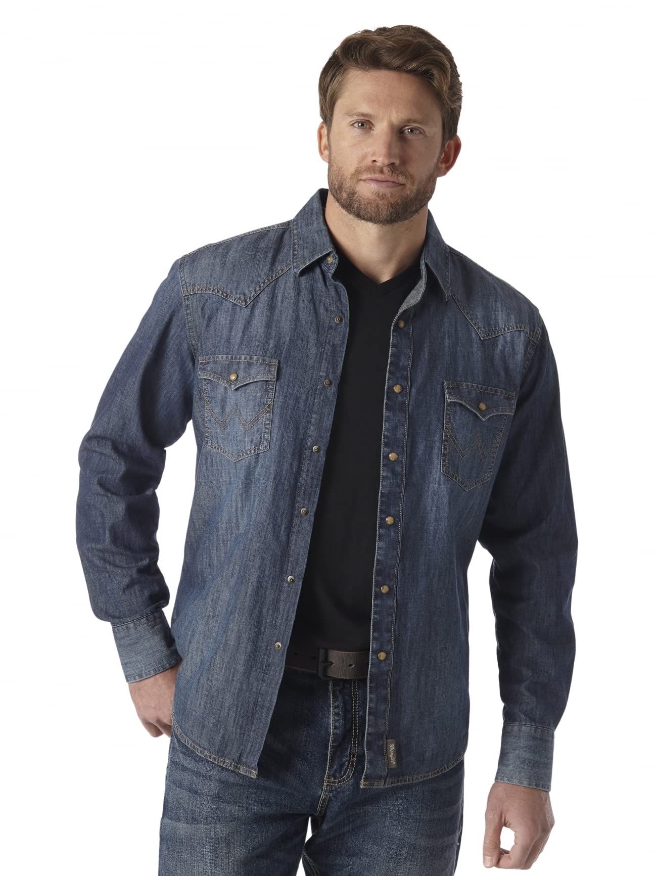 Camisa Jeans Masculina Wrangler, Grande E Alta, Retrô, Com Dois Bolsos, Azul