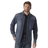 Camisa Retrô Wrangler Com Dois Bolsos, Manga Comprida, Jeans Azul Snap