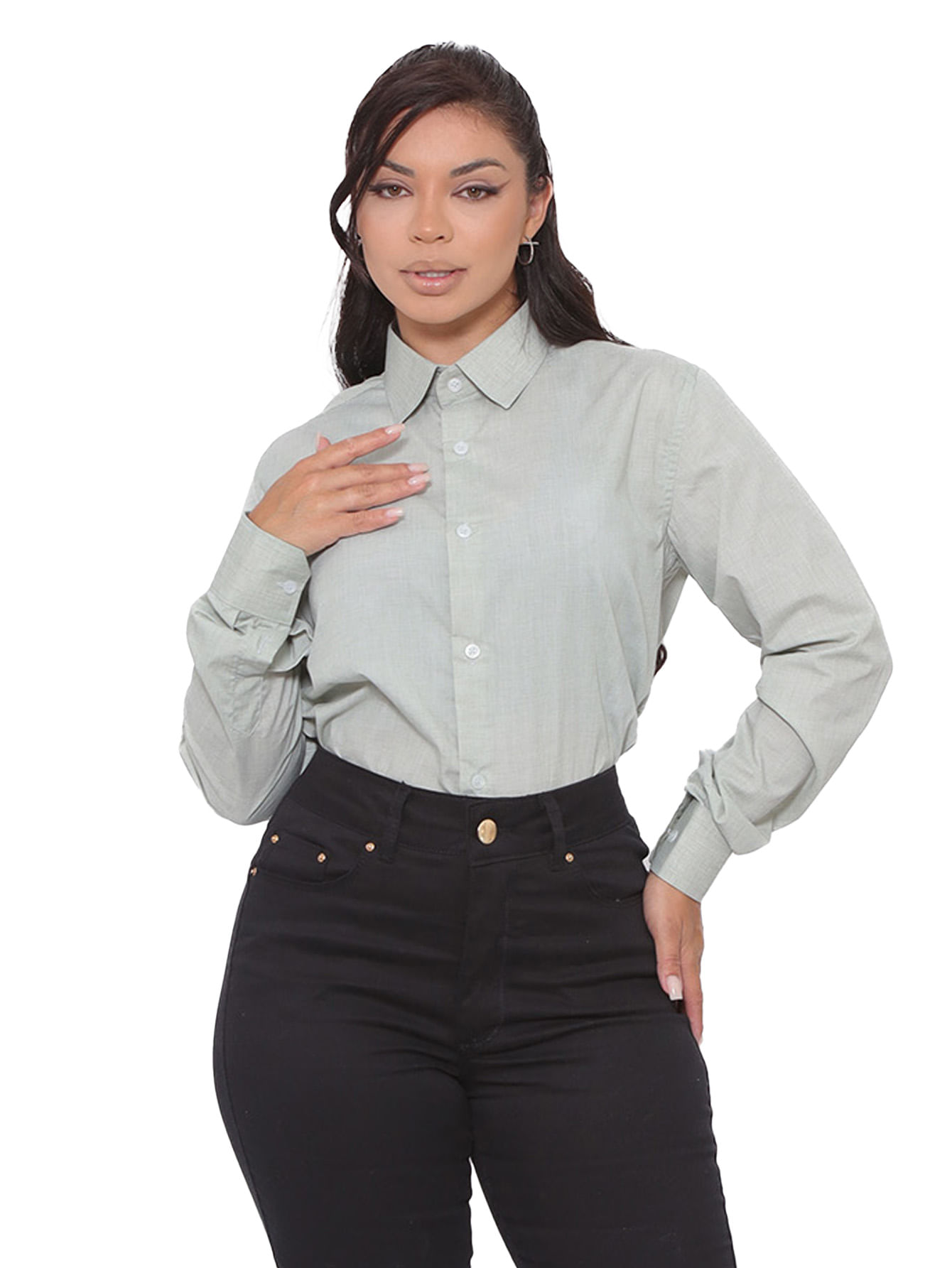 Camisa Social Feminina Premium Tipo Linho Oliva Manga Longa