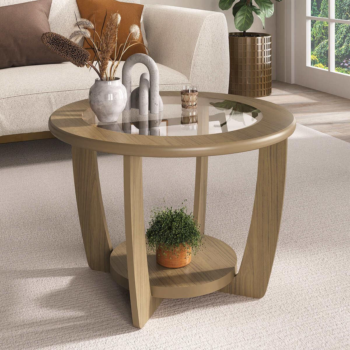 Mesa De Centro Redonda 60cm Com Vidro Multimóveis Cr45306 Carvalho