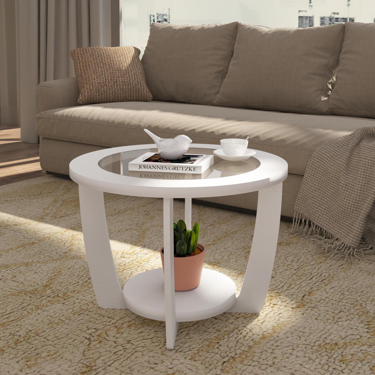 Mesa De Centro Redonda 60cm Com Vidro Multimóveis Cr45306 Branco