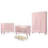 Dormitório Melinda Guarda Roupa, Cômoda E Berço Retrô Rosê Acetinado Com Colchão Supreme - Phoenix Baby Rosê Acetinado
