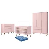 Dormitório Melinda Guarda Roupa, Cômoda E Berço Retrô Rosê Acetinado Com Colchão Physical - Phoenix Baby Rosê Acetinado