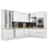 Cozinha Completa De Canto Americana 10 Peças Branco Com Cristaleira E Tampo Nature - Móveis Henn Branco