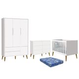 Dormitório Theo 3 Portas, Cômoda 6 Gavetas, Berço Branco Fosco Com Pés Amadeirado E Colchão - Reller Móveis Branco Fosco