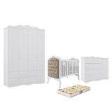 Dormitório Encanto Guarda Roupa, Cômoda E Berço Harmonia Branco Com Capitonê E Colchão Supreme - Permóbili Baby Branco