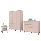 Jogo De Quarto Infantil Retrô Alice Guarda Roupa, Cômoda Com Porta E Mesinha Rosê - Pr Baby Rosê