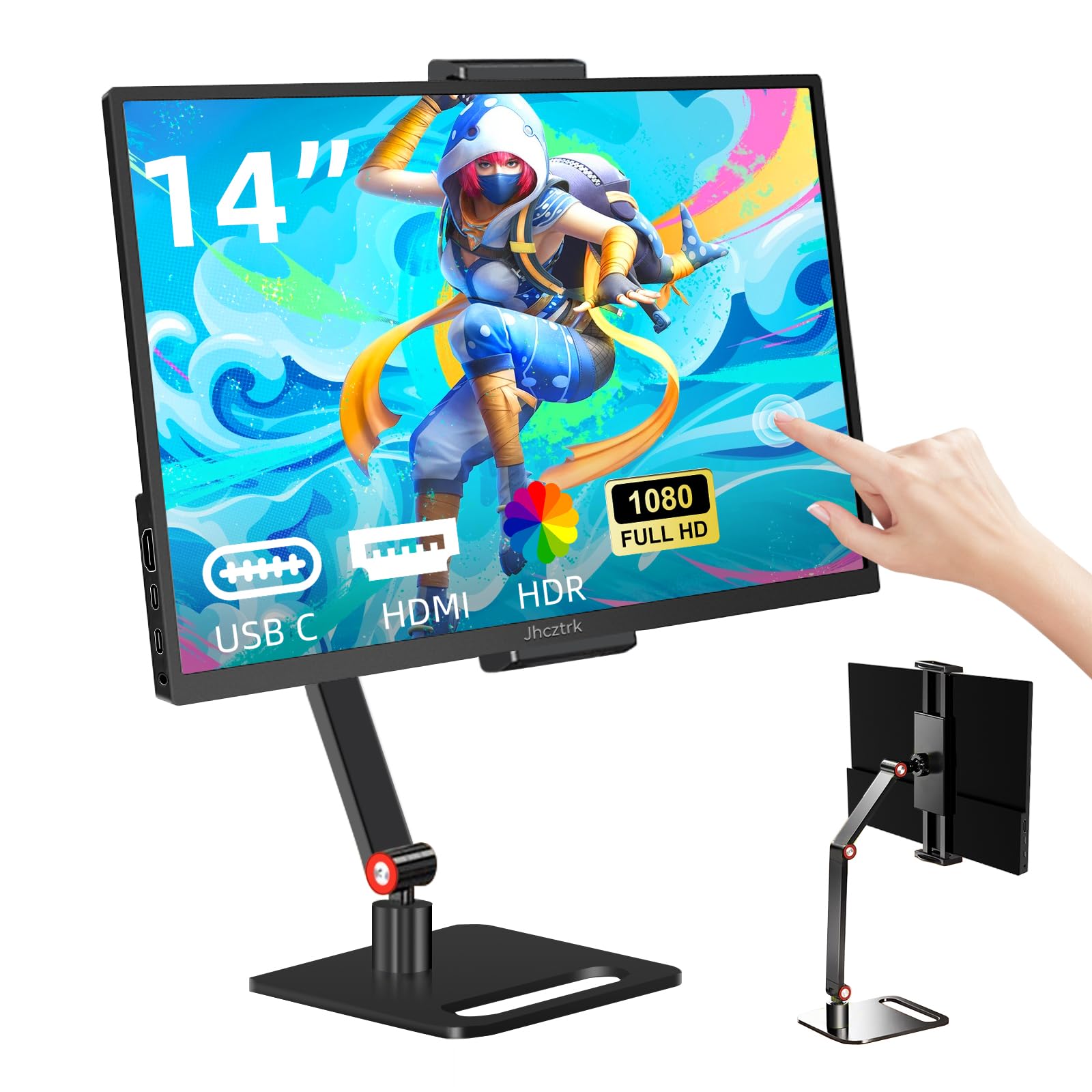 Monitor Portátil Jhcztrk Tela Sensível Ao Toque De 14 Polegadas 1200p Fhd Ips