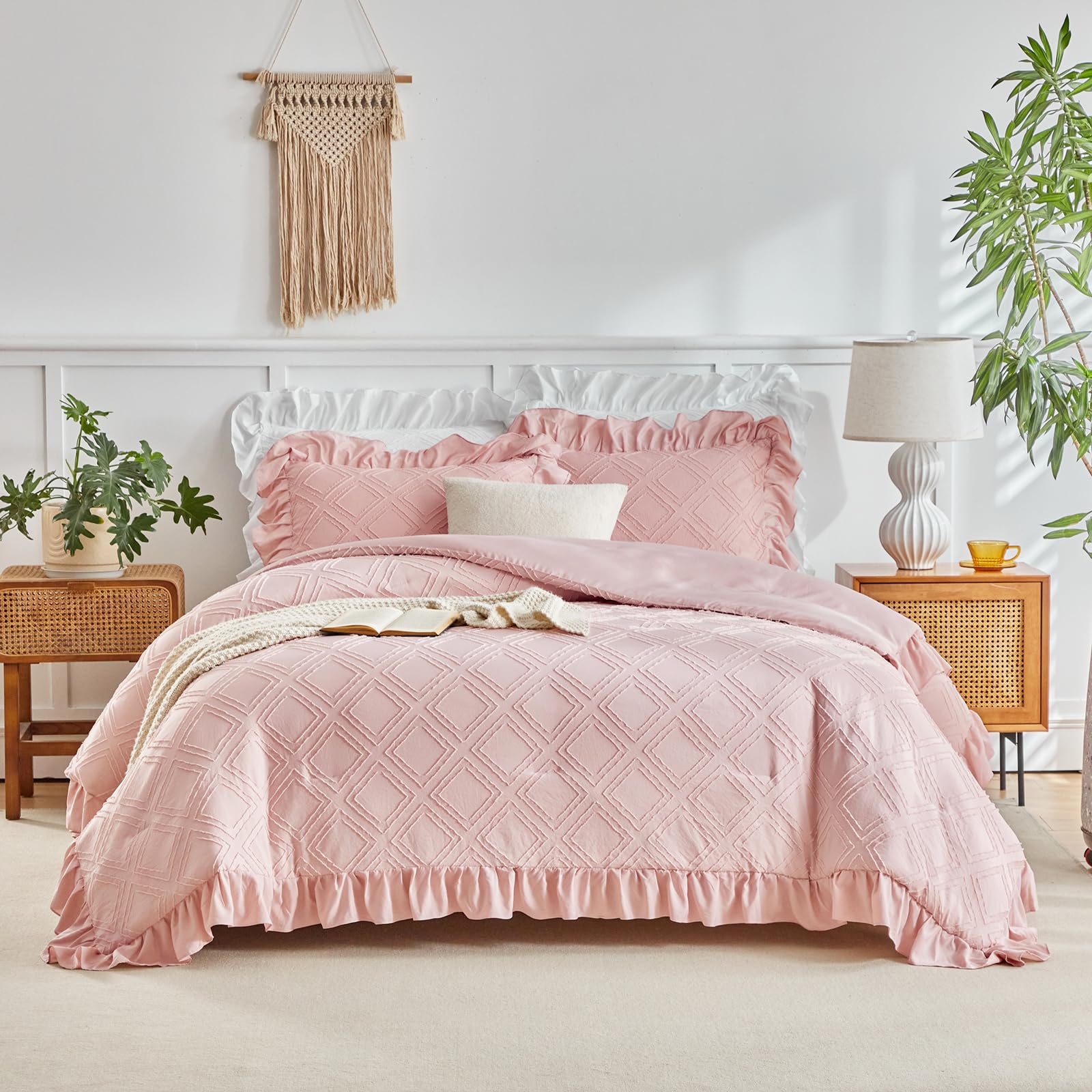 Conjunto De Edredom Flysheep Tufted Ruffle Twin Size Blush Pink