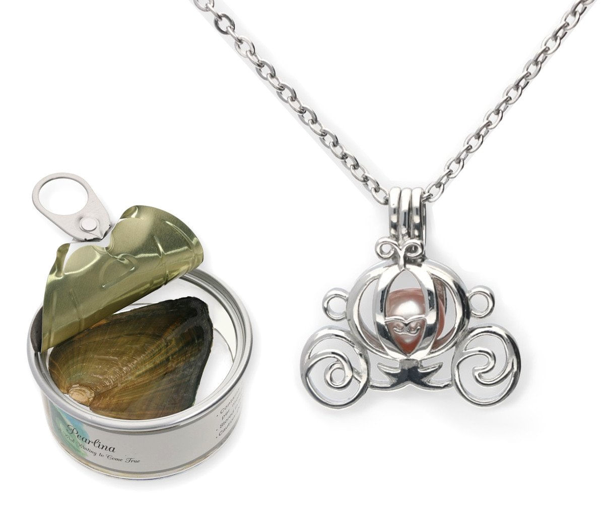 Conjunto De Colar Pearlina Princess Carriage Cultured Pearl Oyster, Gaiola Prateada Com Corrente De Aço Inoxidável, 18