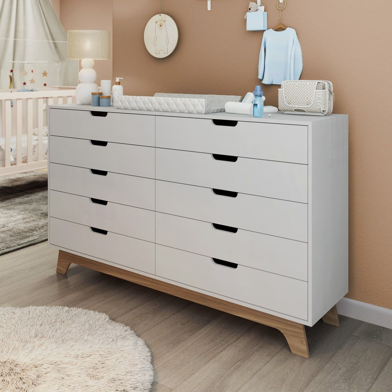 Cômoda Para Quarto Infantil 10 Gavetas 100% Mdf Alice Branco/ Freijó