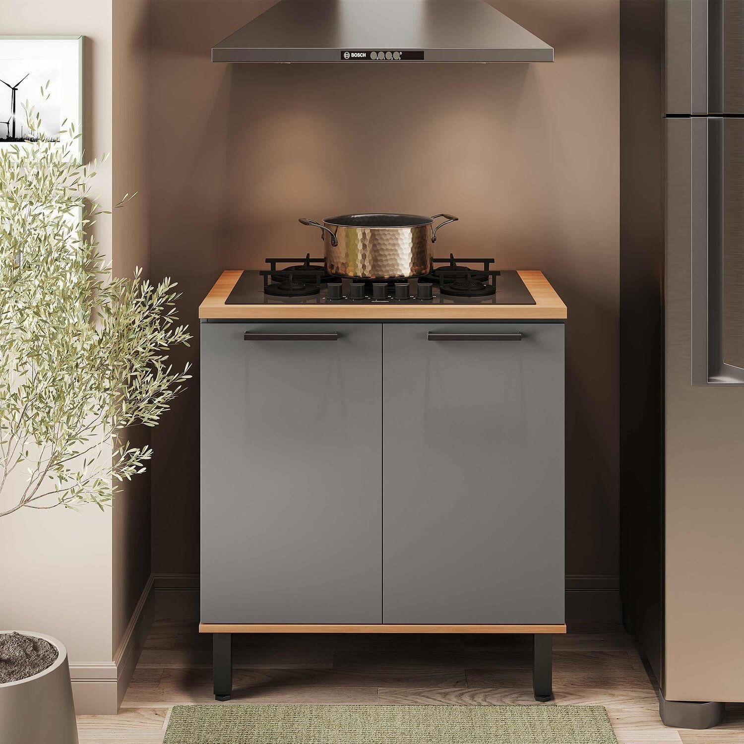 Balcão Para Cozinha 2 Portas Castanha Cinza / Freijó