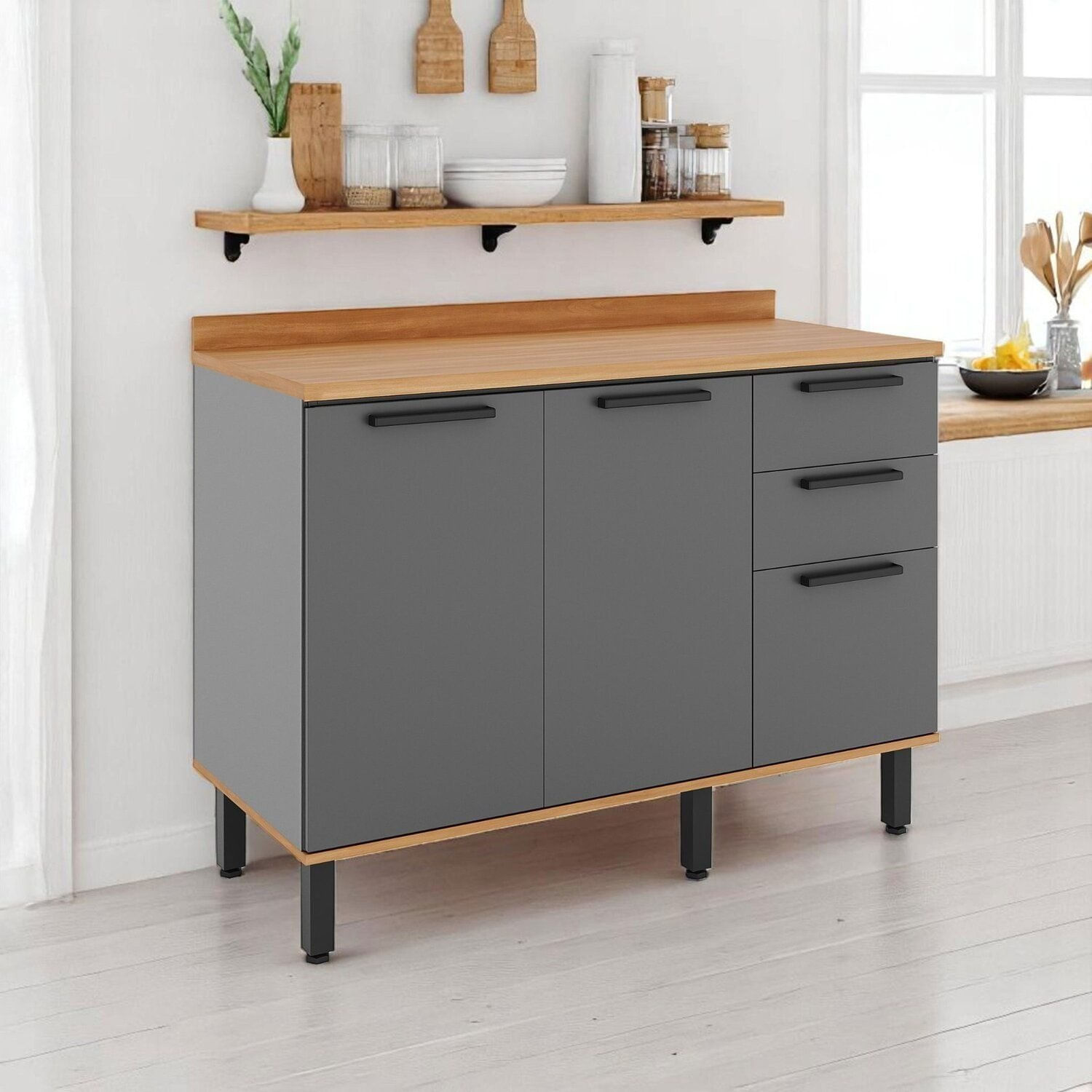 Balcão Para Cozinha 3 Portas Castanha Cinza / Freijó