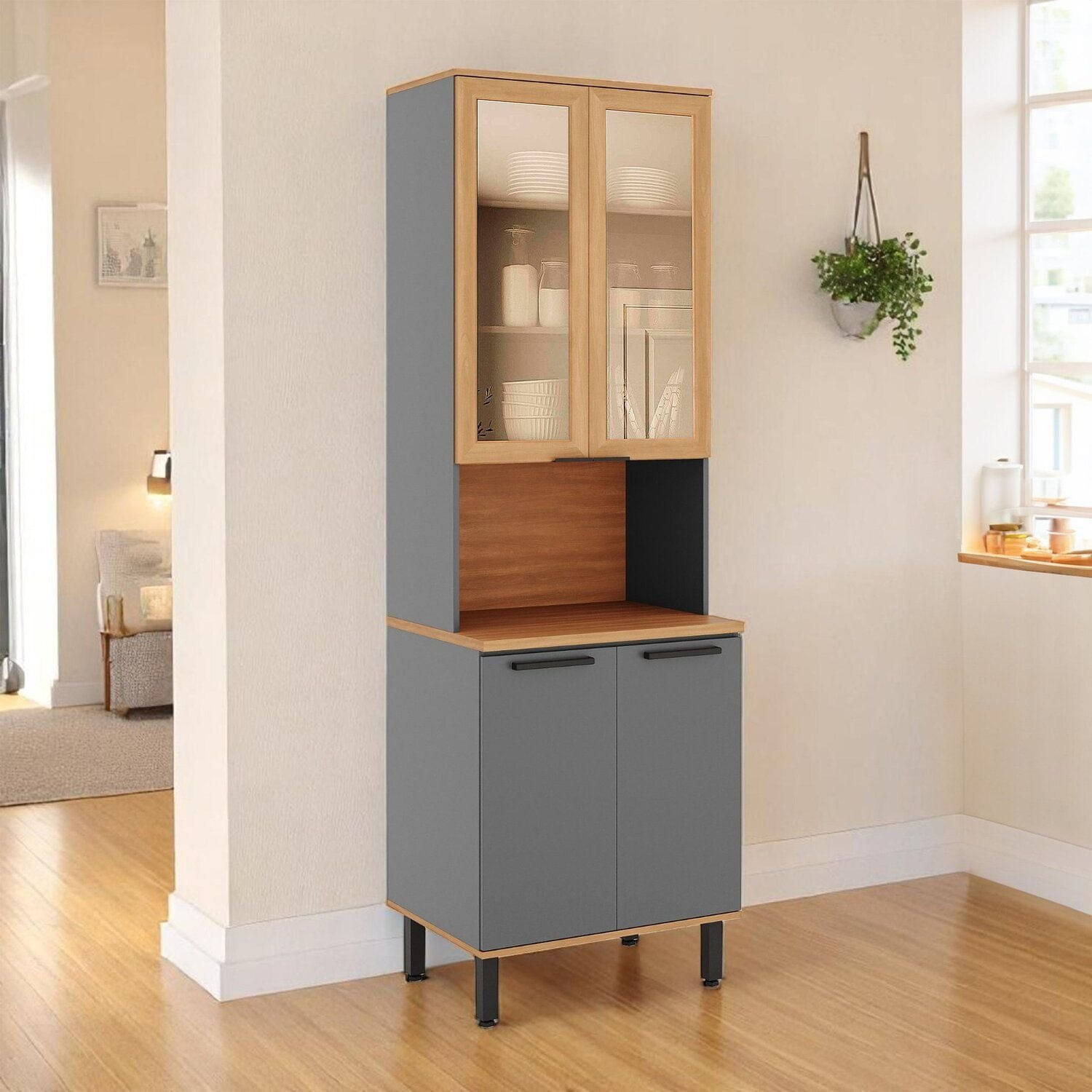 Paneleiro Para Cozinha 4 Portas Castanha Cinza / Freijó