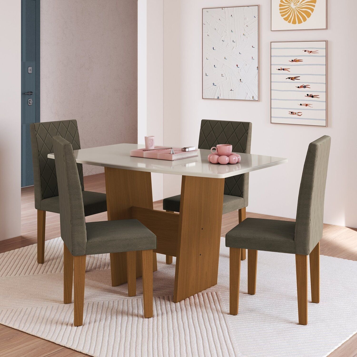 Conjunto Sala De Jantar 1 Mesa Tampo Mdf Retangular Com 4 Cadeiras Atenas Freijo/ Off White