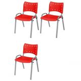 Cadeira Iso Base Cinza Escola, Escritório Vermelho Kit 3 Un