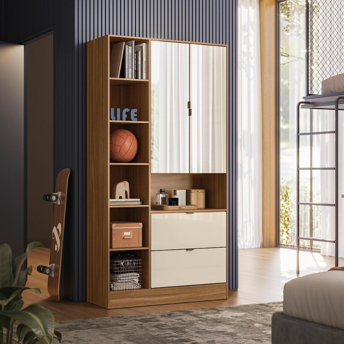 Guarda-roupa Solteiro Com Espelhos 2 Portas 2 Gavetas 92,4cm Multimóveis Cr35294 Amêndola/off White