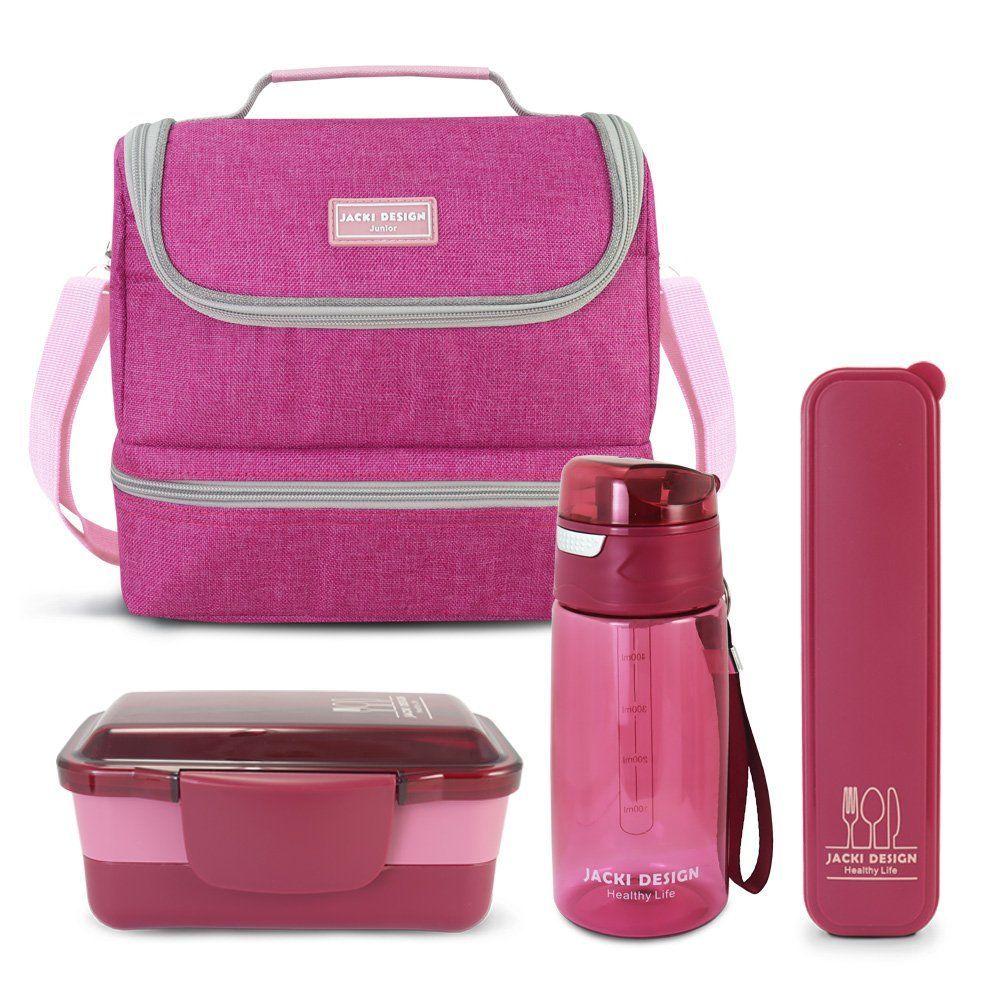 Kit Bolsa Térmica Pote Marmita 950ml Garrafa 550ml E Porta Talheres Vibe Pink