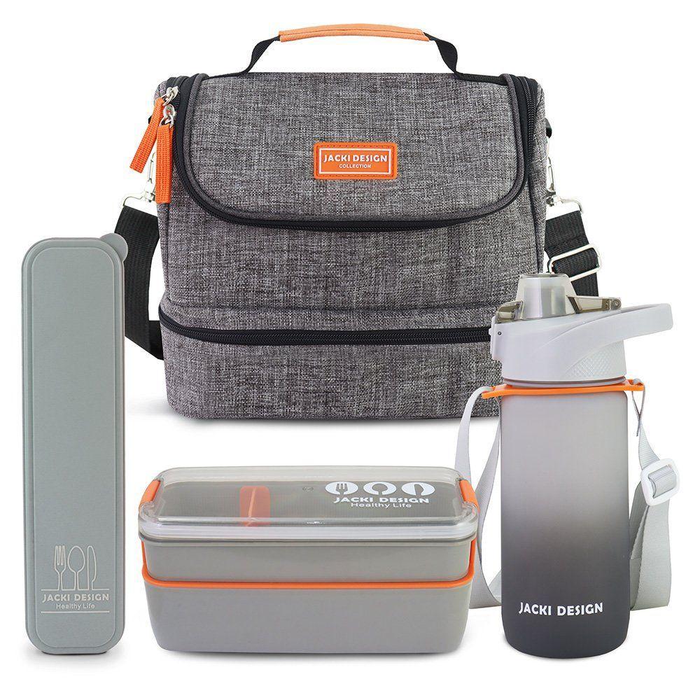 Kit Bolsa Térmica Pote Marmita 750ml Garrafa 550ml E Porta Talheres Vibe Cinza