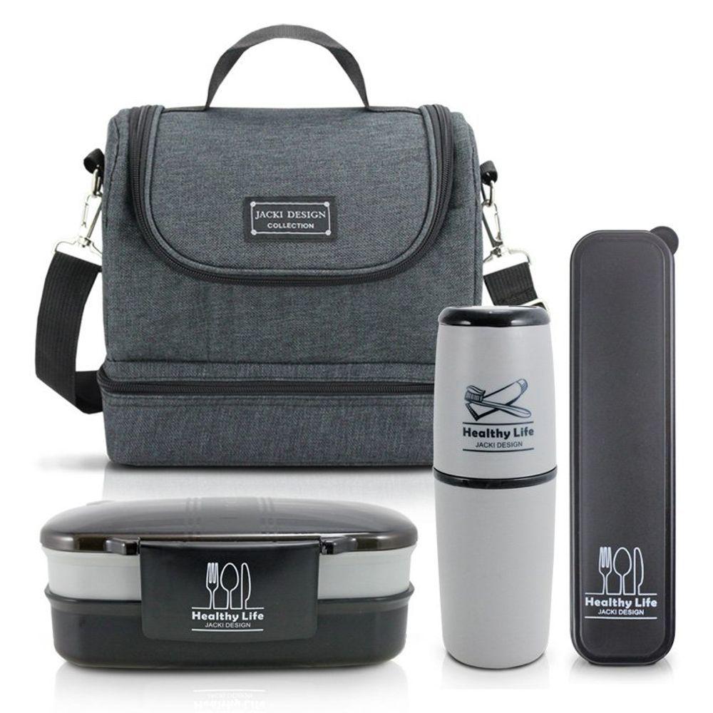 Kit Bolsa Térmica 2 Andares, Marmita, Porta Talheres E Porta Escova Preto