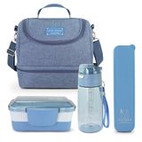 Kit Bolsa Térmica Pote Marmita 950ml Garrafa 550ml E Porta Talheres Joy Azul
