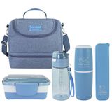 Kit De Bolsa Térmica 2 Compartimentos, Marmita E Garrafa, Porta Talher E Porta Escova Azul