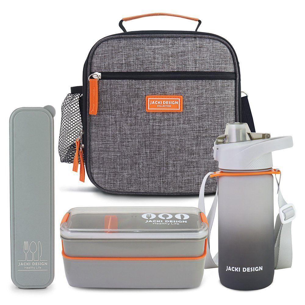 Kit Bolsa Térmica Pote Marmita 750ml Garrafa 550ml E Porta Talheres Vibe Cinza