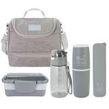 Kit De Bolsa Térmica 2 Compartimentos, Marmita E Garrafa, Porta Talher E Porta Escova Cinza