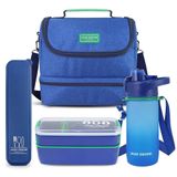 Kit Bolsa Térmica Pote Marmita 750ml Garrafa 550ml E Porta Talheres Vibe Azul
