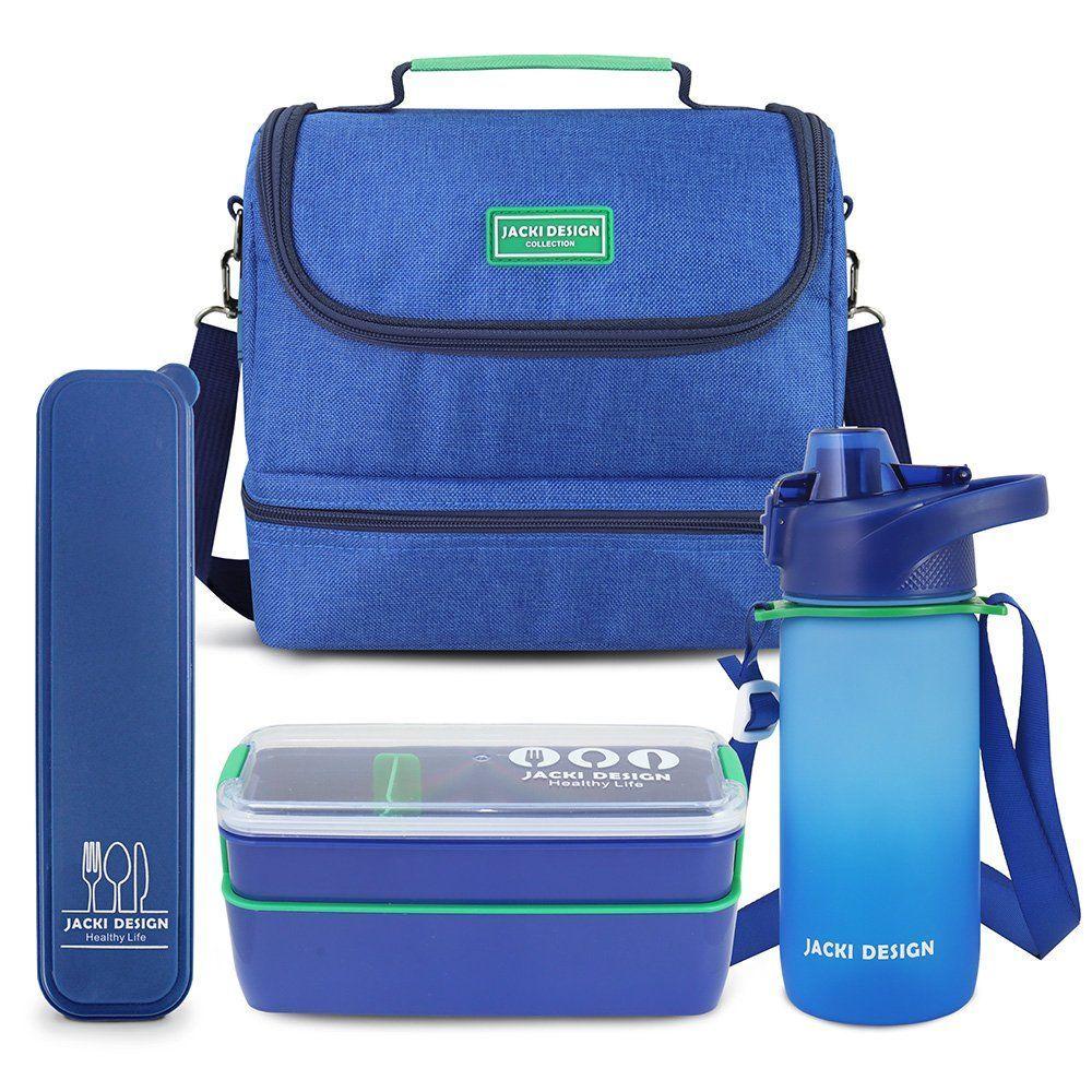 Kit Bolsa Térmica Pote Marmita 750ml Garrafa 550ml E Porta Talheres Vibe Azul