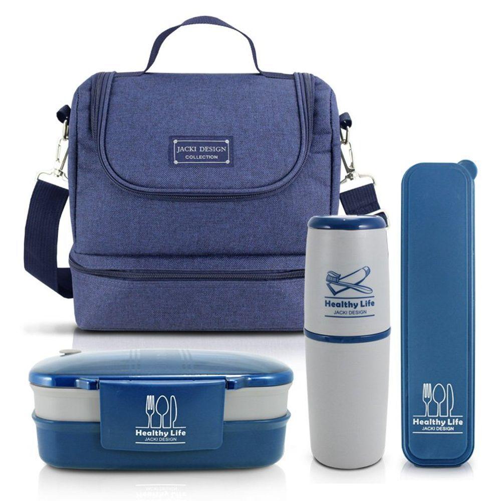 Kit Bolsa Térmica 2 Andares, Marmita, Porta Talheres E Porta Escova Azul