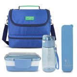 Kit Bolsa Térmica Pote Marmita 950ml Garrafa 550ml E Porta Talheres Vibe Azul