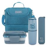 Kit Bolsa Térmica 2 Andares, Marmita, Porta Talheres E Porta Escova Azul