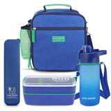 Kit Bolsa Térmica Pote Marmita 750ml Garrafa 550ml E Porta Talheres Vibe Azul